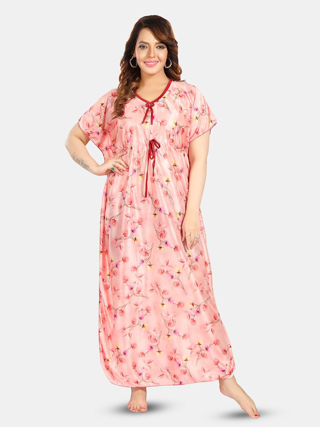 

Fabme Printed Satin Maxi Kaftan Nightdress, Pink