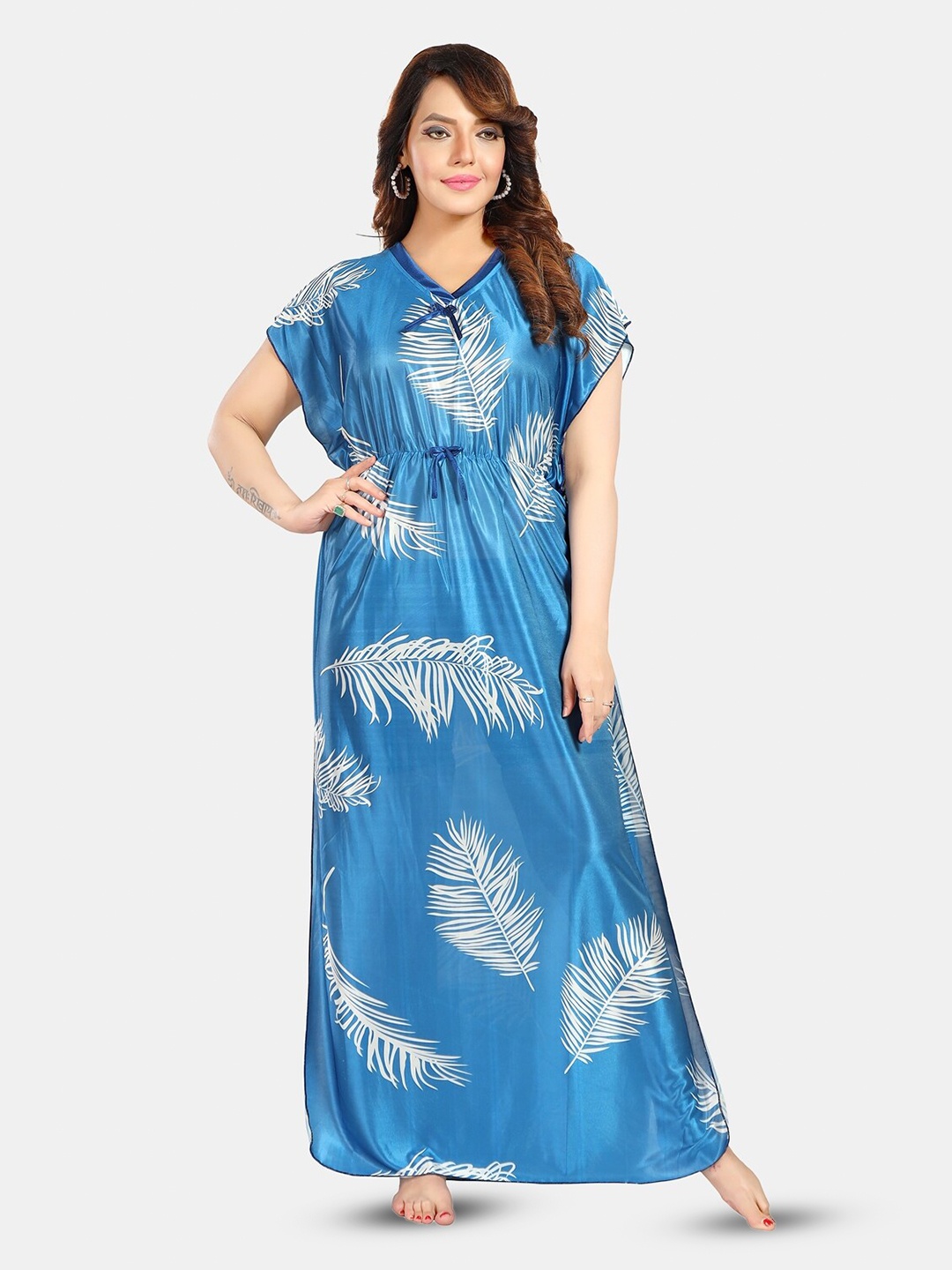 

Fabme Printed Satin Maxi Kaftan Nightdress, Blue