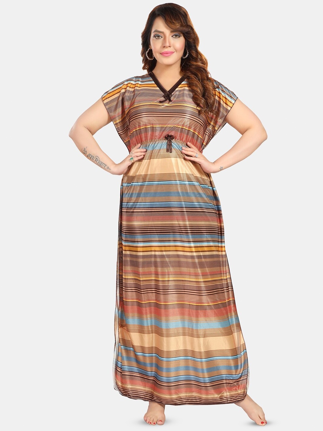 

Fabme Striped Maxi Kaftan Nightdress, Brown
