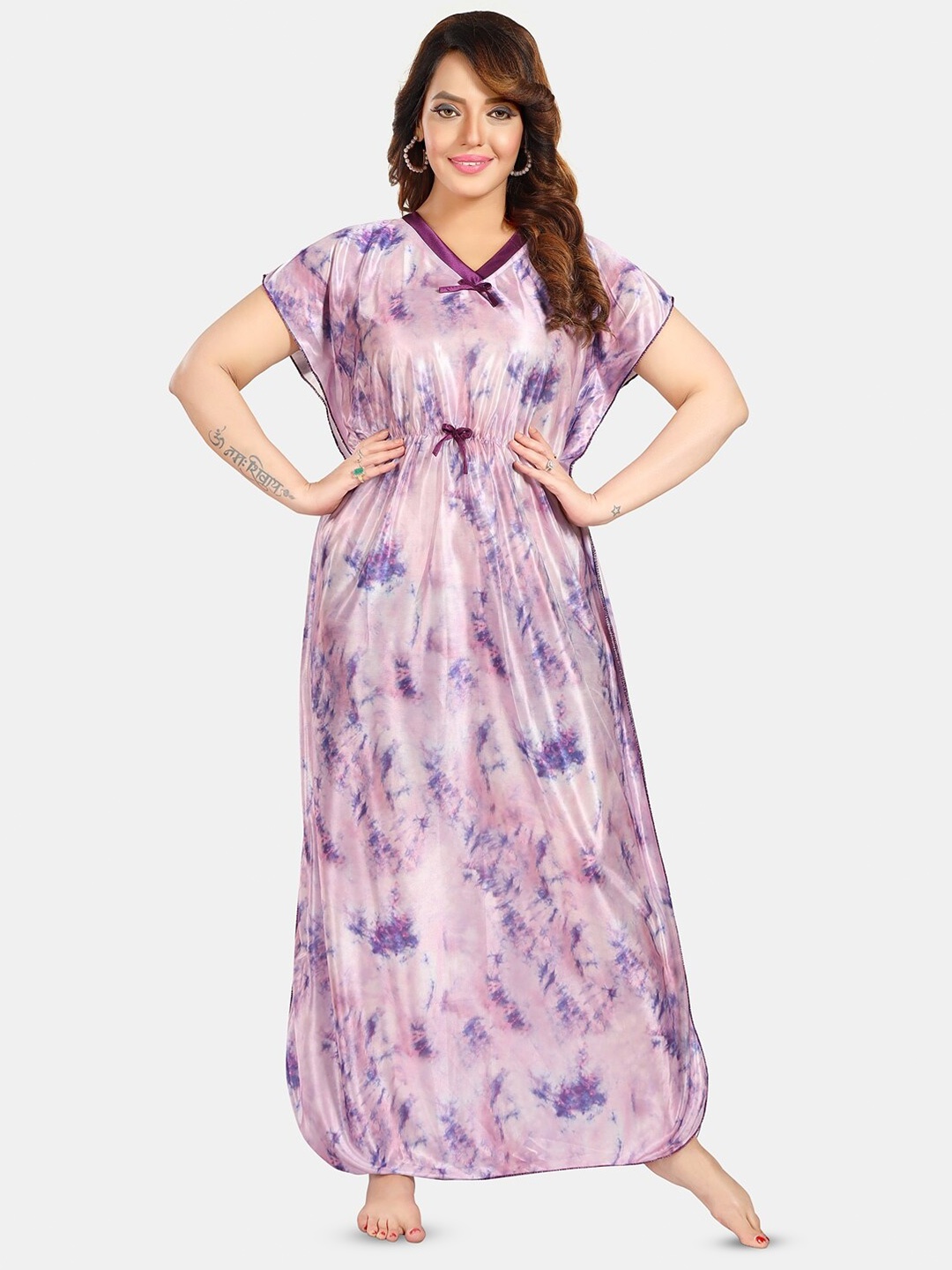 

Fabme Tie and Dye Printed Satin Maxi Kaftan Nightdress, Lavender