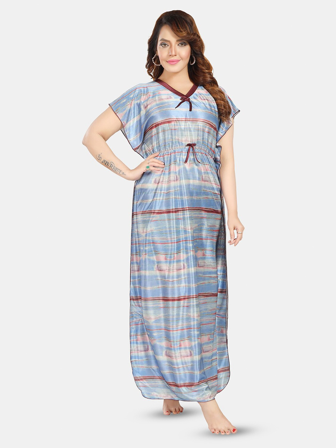 

Fabme Striped Maxi Satin Kaftan Nightdress, Blue