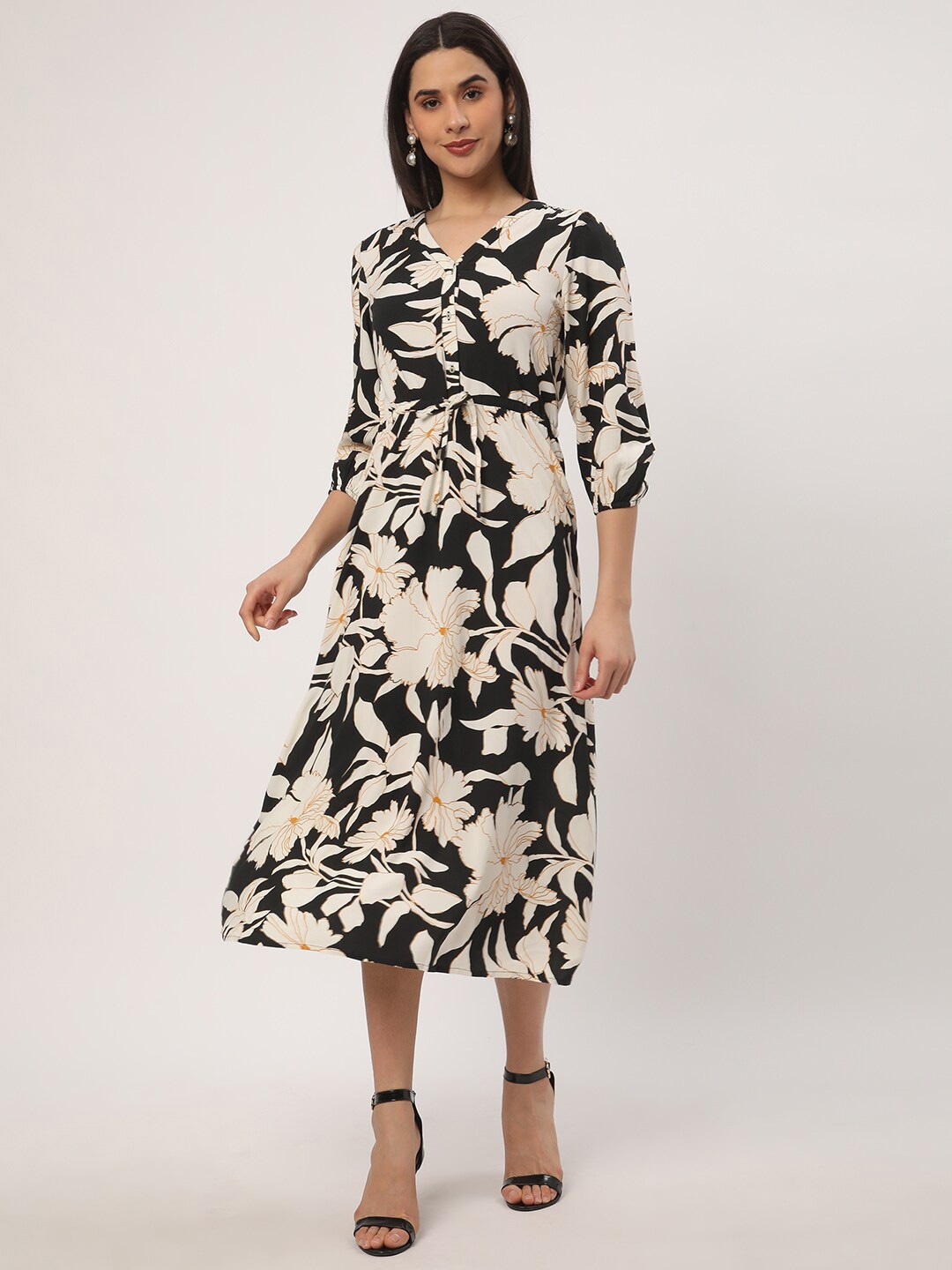 

R&B Floral Print A-Line Midi Dress, Black