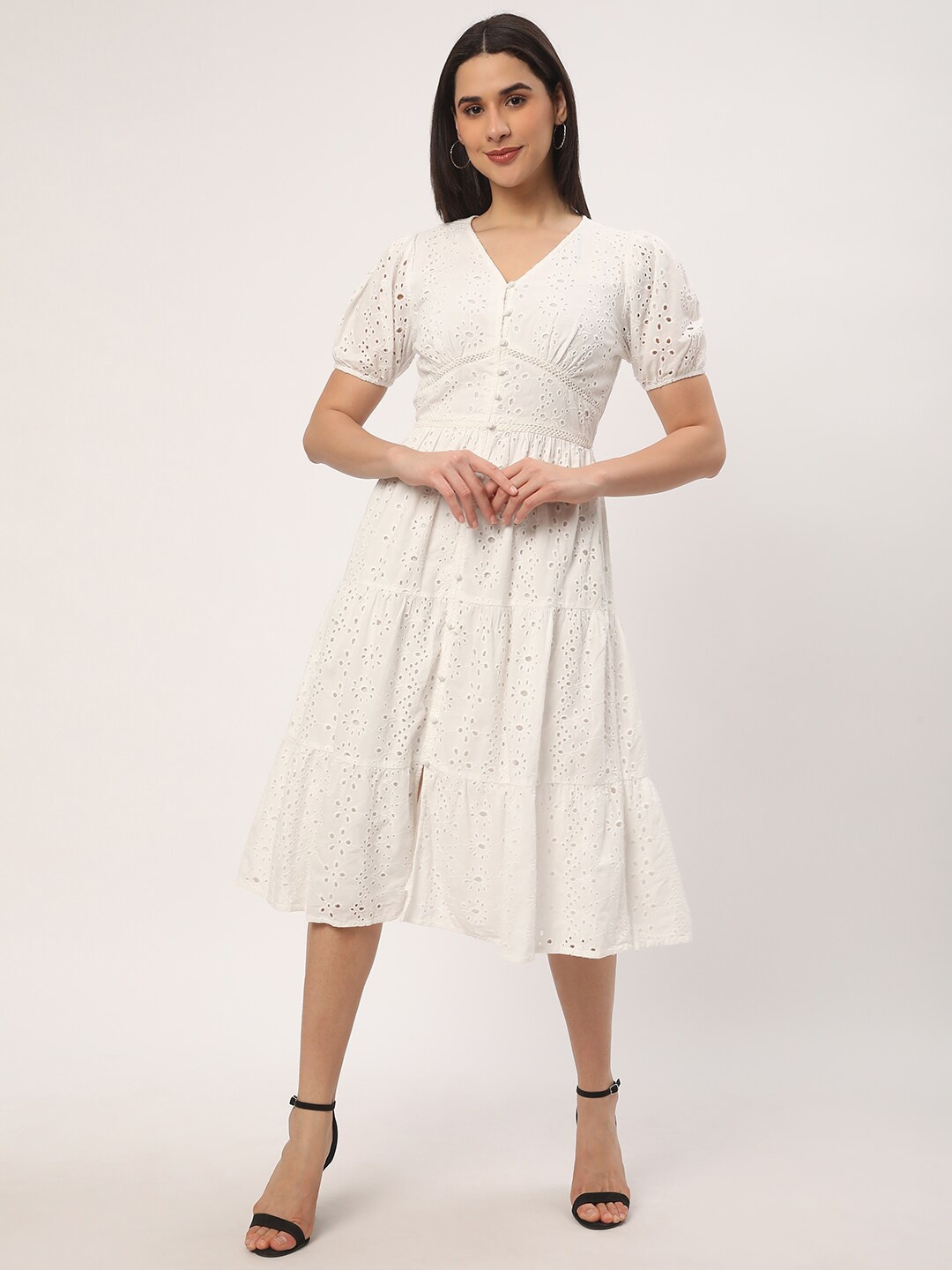 

R&B Puff Sleeves Schiffli Cotton Fit & Flare Midi Dress, White