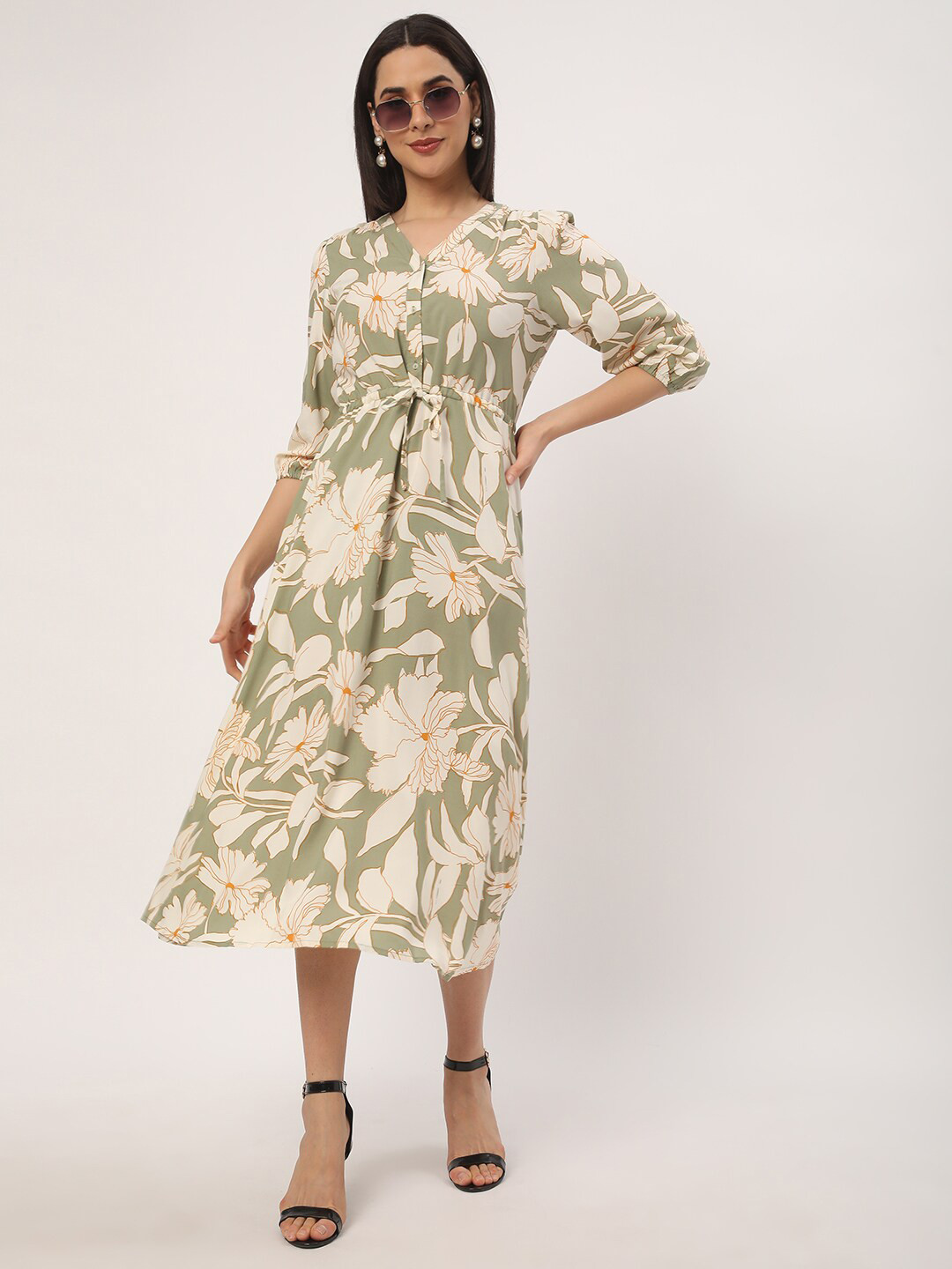 

R&B Tropical Print A-Line Midi Dress, Green