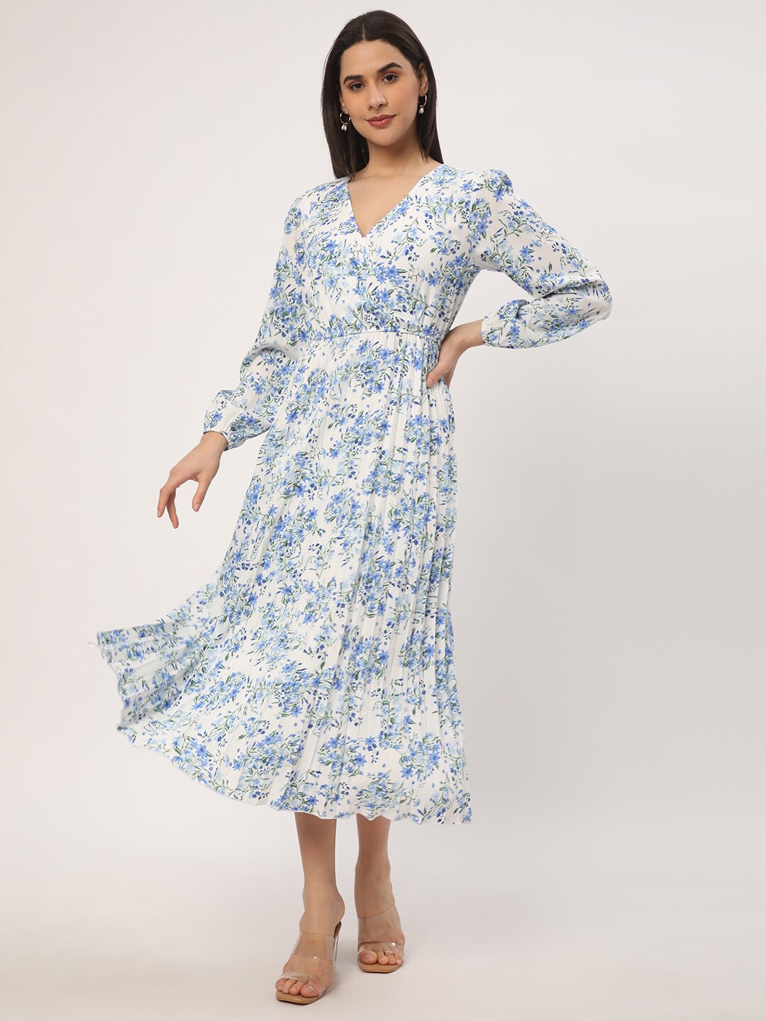 

R&B Floral Print Accordion Pleats Fit & Flare Dress, Blue
