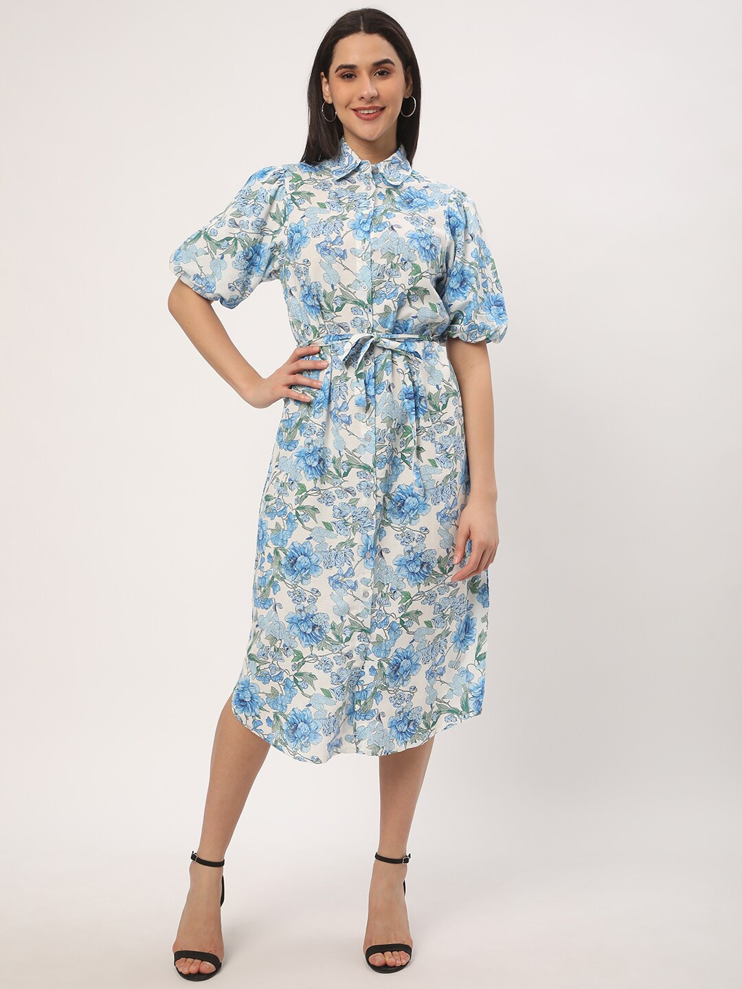 

R&B Floral Print Puff Sleeve Linen Shirt Midi Dress, Blue