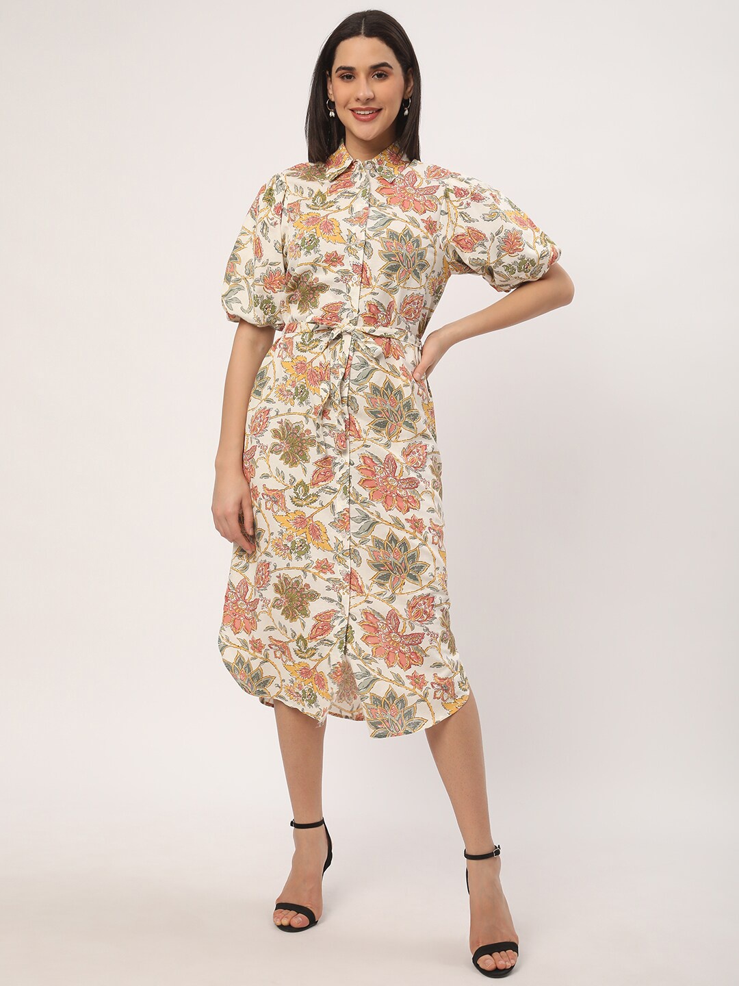 

R&B Floral Print Puff Sleeve Linen Shirt Midi Dress, White