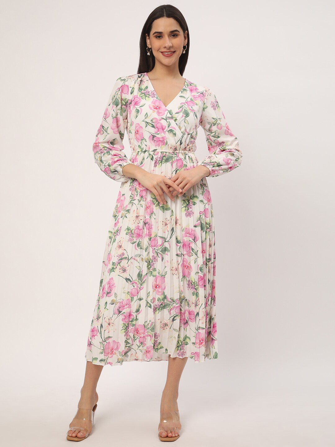 

R&B Floral Print Accordion Pleats Fit & Flare Dress, White