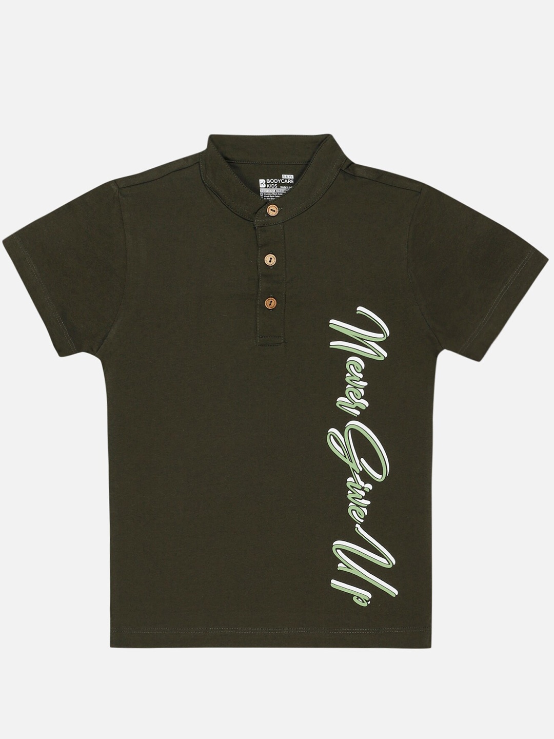 

Bodycare Boys Typography Printed Henley Neck Cotton T-shirt, Green
