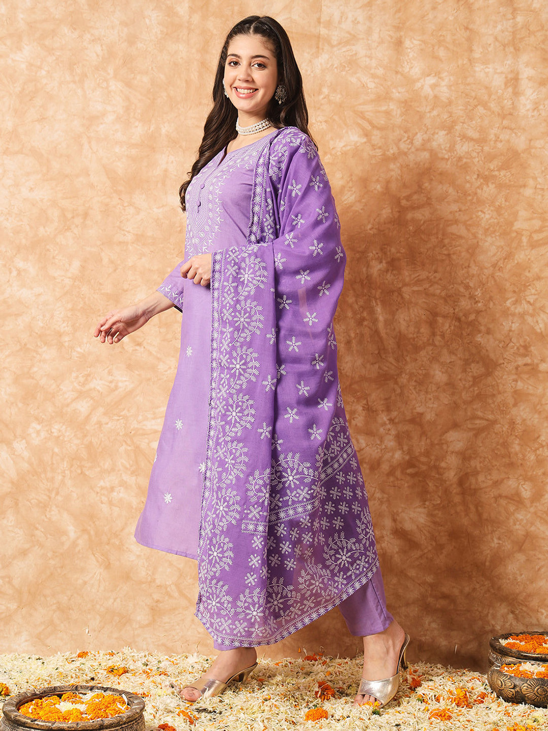 

Growdamy Women Ethnic Motifs Embroidered Pure Cotton Kurta with Trousers & With Dupatta, Lavender