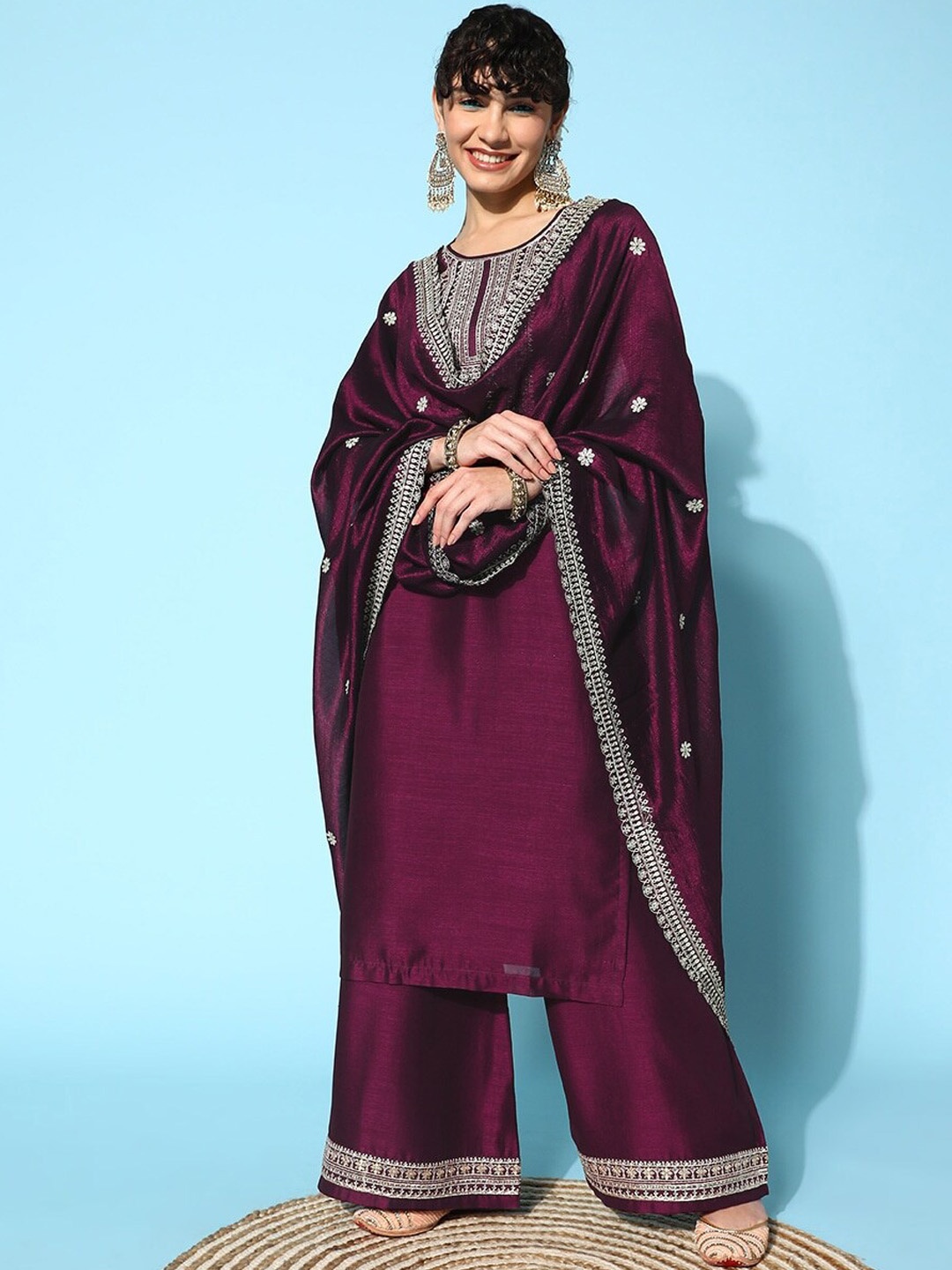 

Growdamy Floral Embroidered Thread Work Regular Kurta With Trousers & Dupatta, Magenta