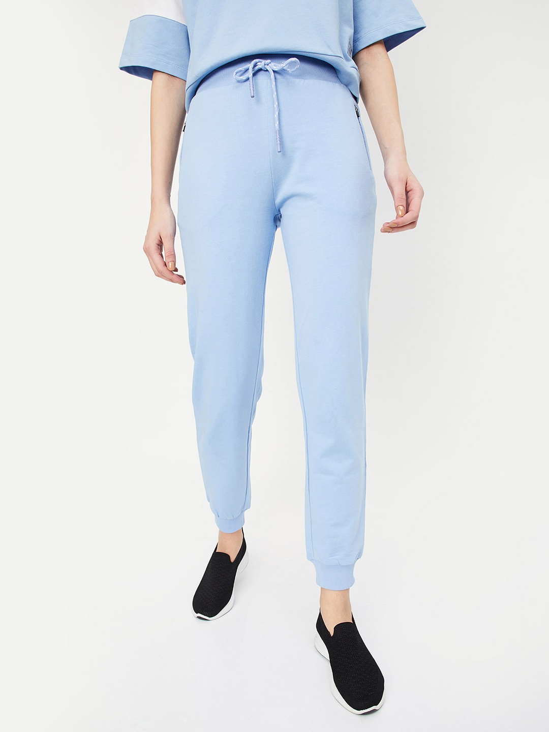 

max Women Pure Cotton Mid-Rise Joggers, Blue