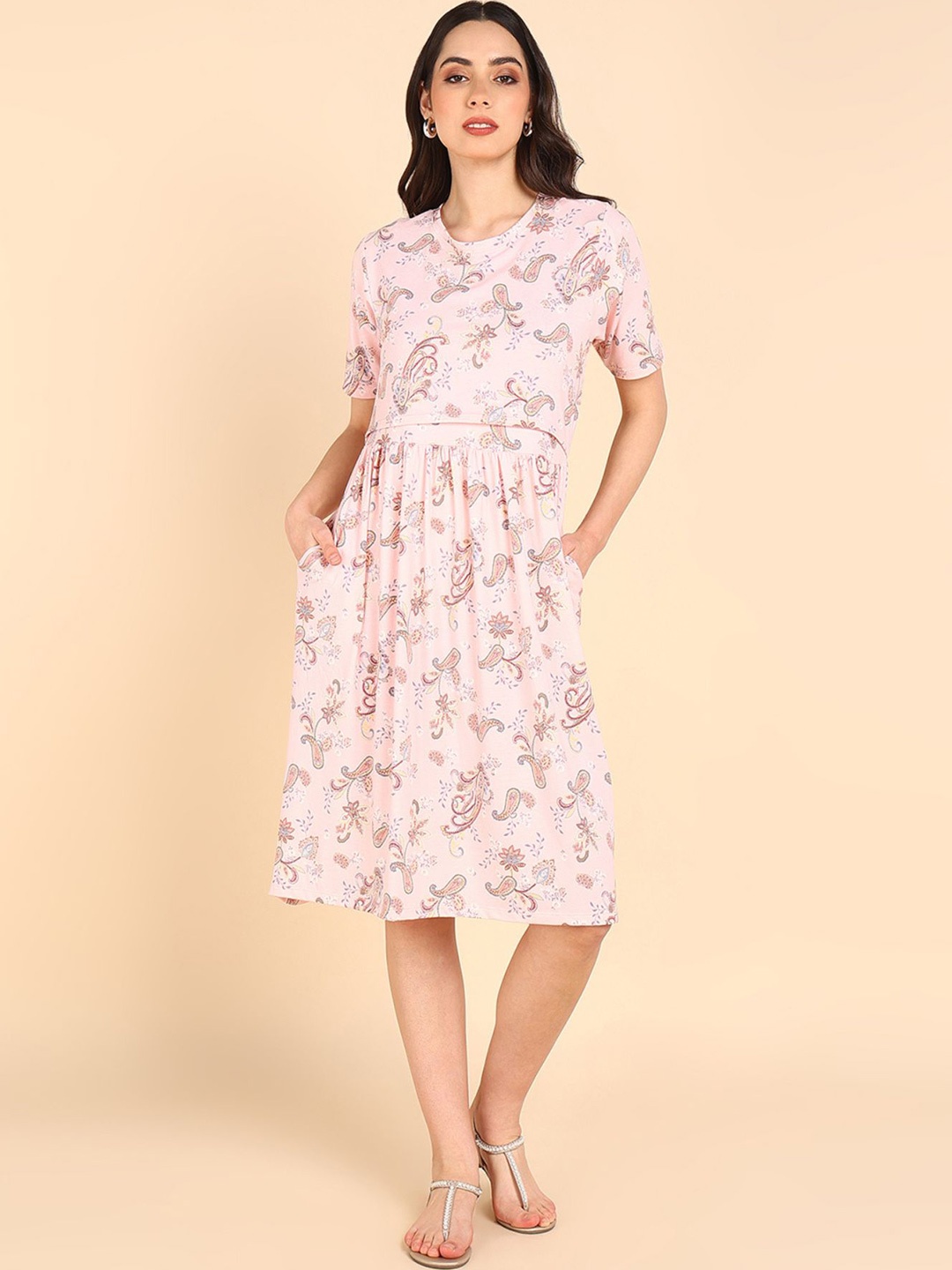 

House Of Zelena Floral Print Maternity Cotton Fit & Flare Dress, Peach