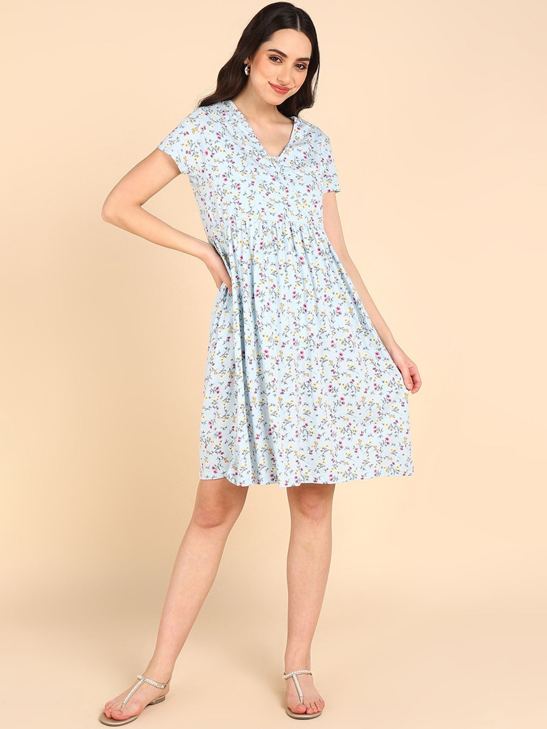 

House Of Zelena Floral Print Maternity Cotton Fit & Flare Dress, Blue