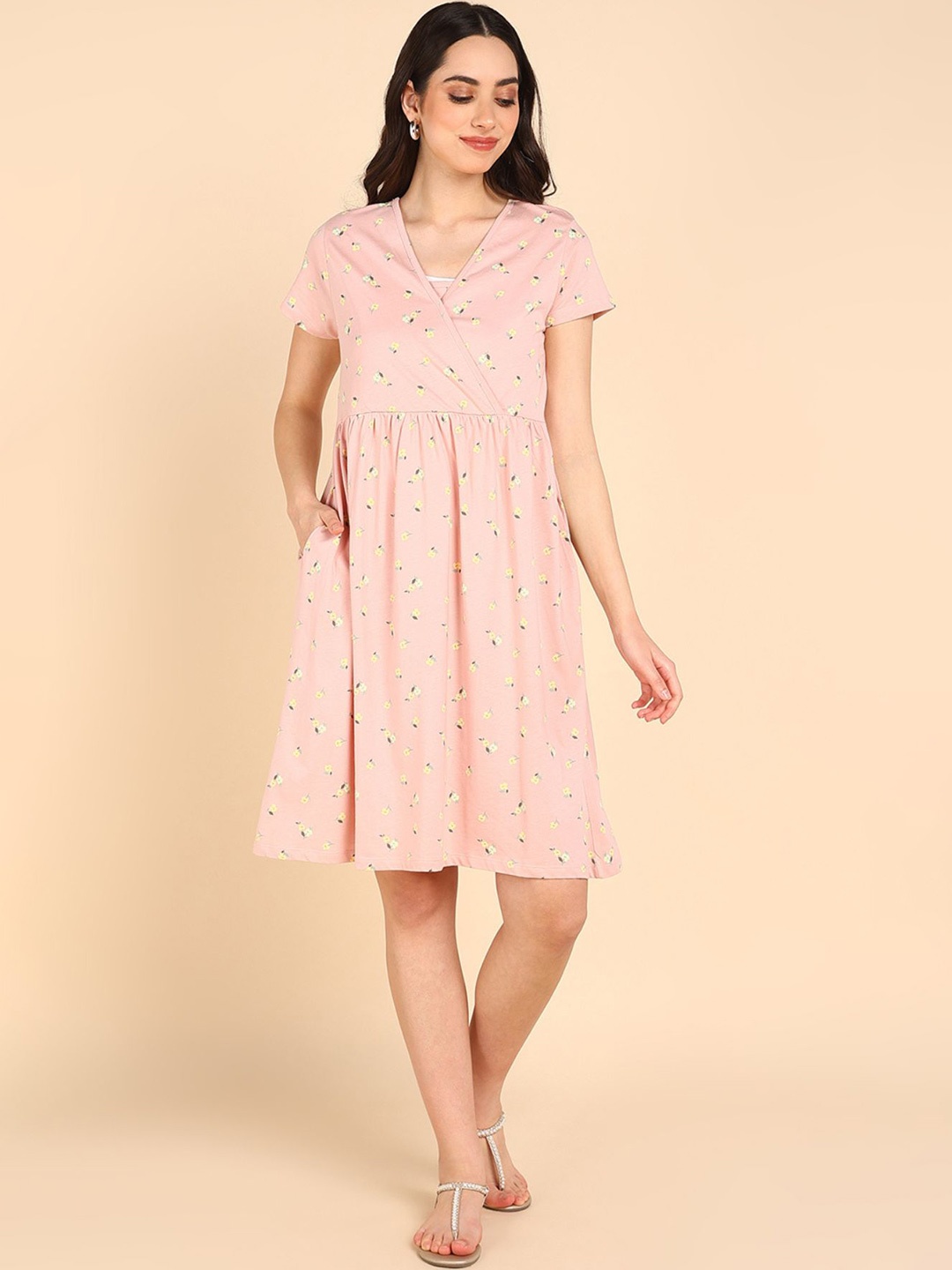 

House Of Zelena Floral Print Maternity Cotton Fit & Flare Dress, Pink