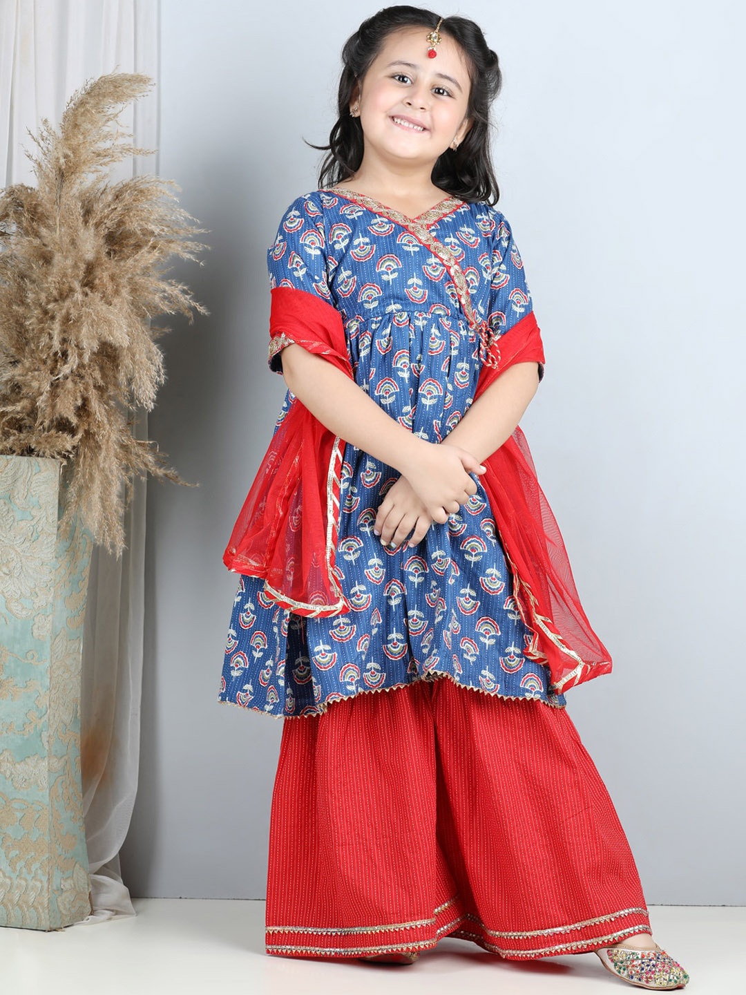 

Sangria Girls Floral-Printed Gotta Patti Angrakha Pure Cotton Kurti With Sharara & Dupatta, Blue