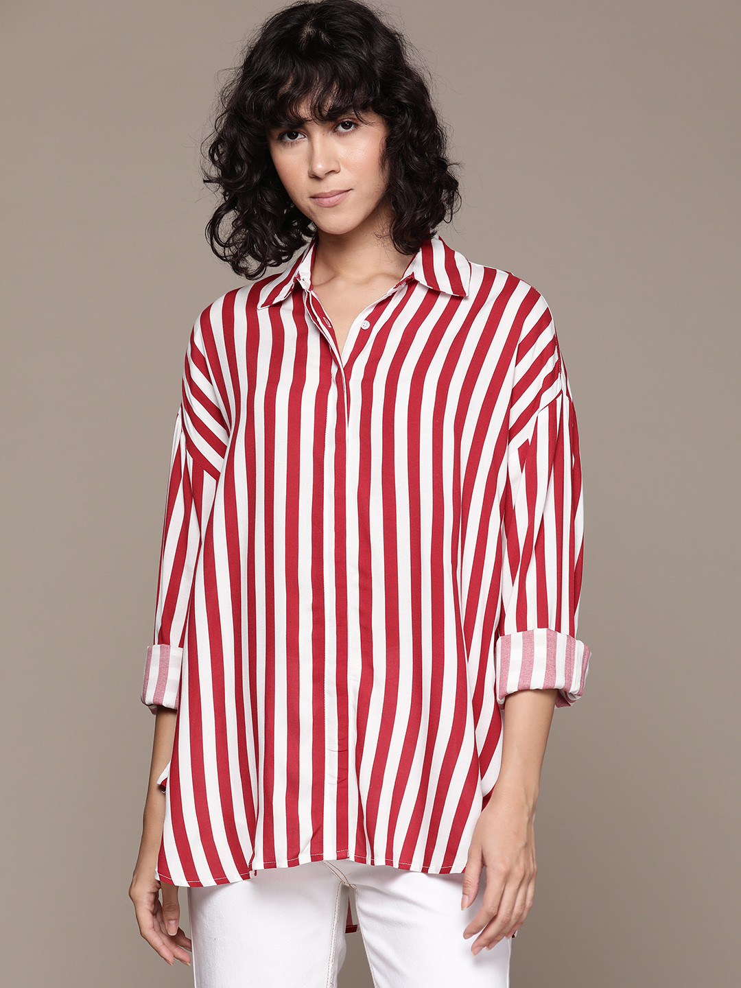 

Roadster Women Classic Tailored Fit Striped Casual Shirt, Red