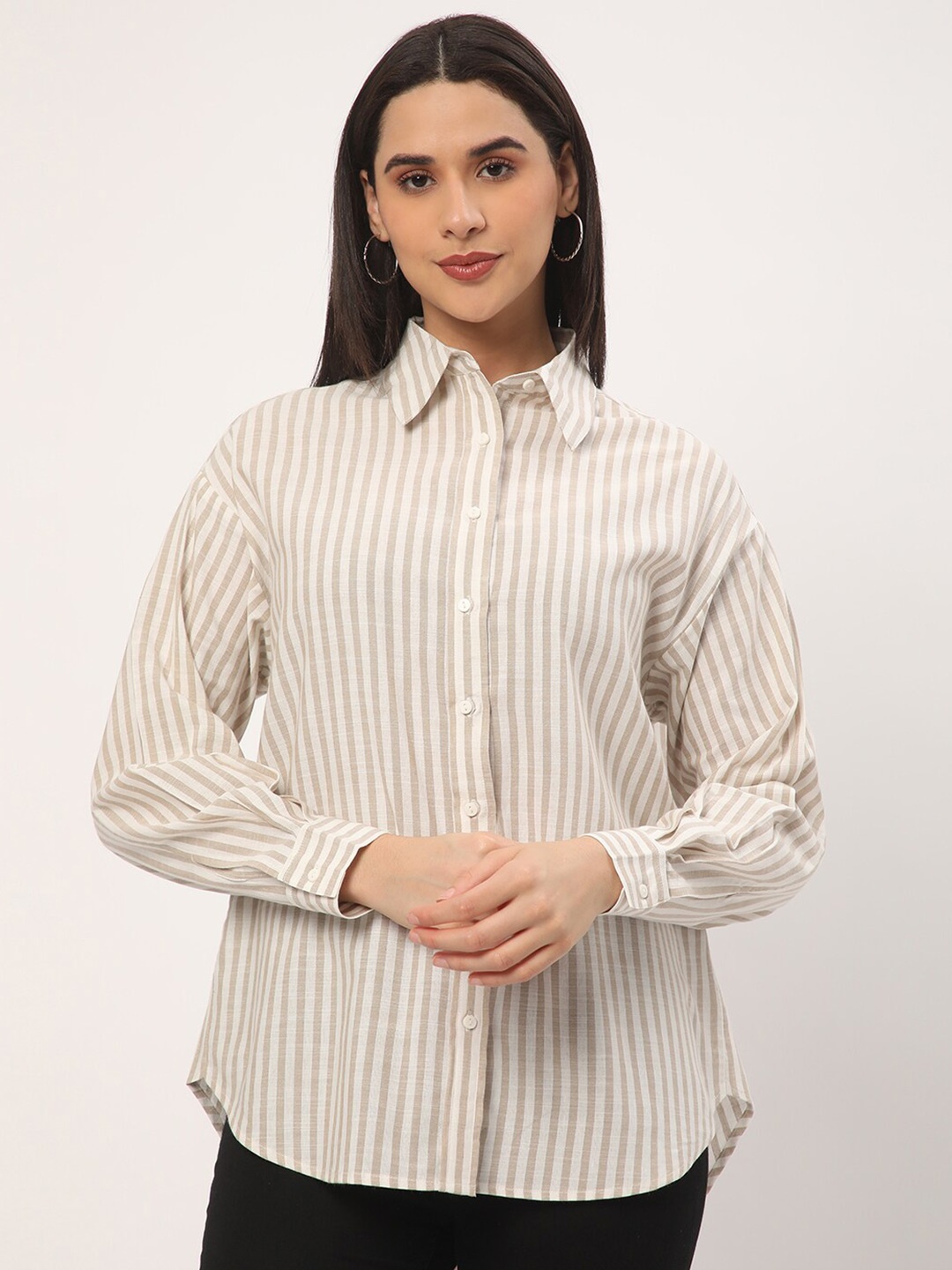 

R&B Vertical Striped Linen Casual Shirt, Beige