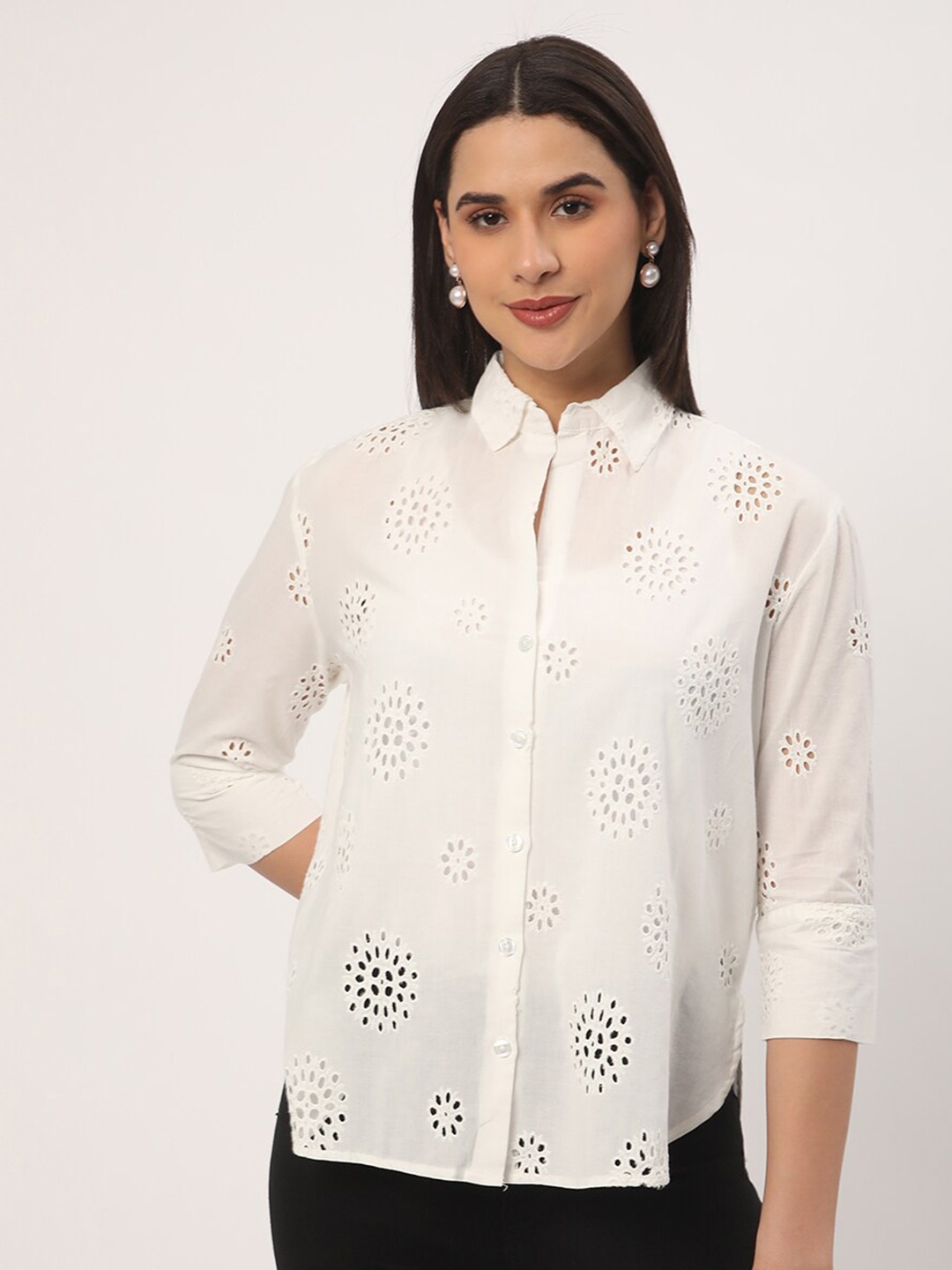 

R&B Self Design Cotton Shirt Style Top, White