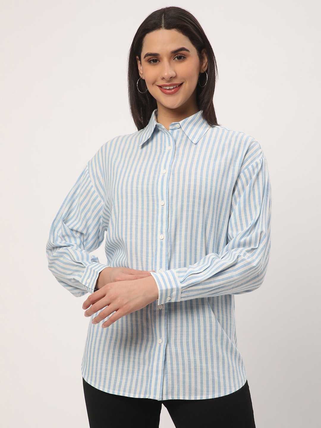 

R&B Vertical Striped Linen Casual Shirt, Blue