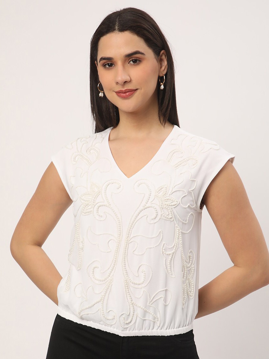 

R&B Self Design V-Neck Top, White