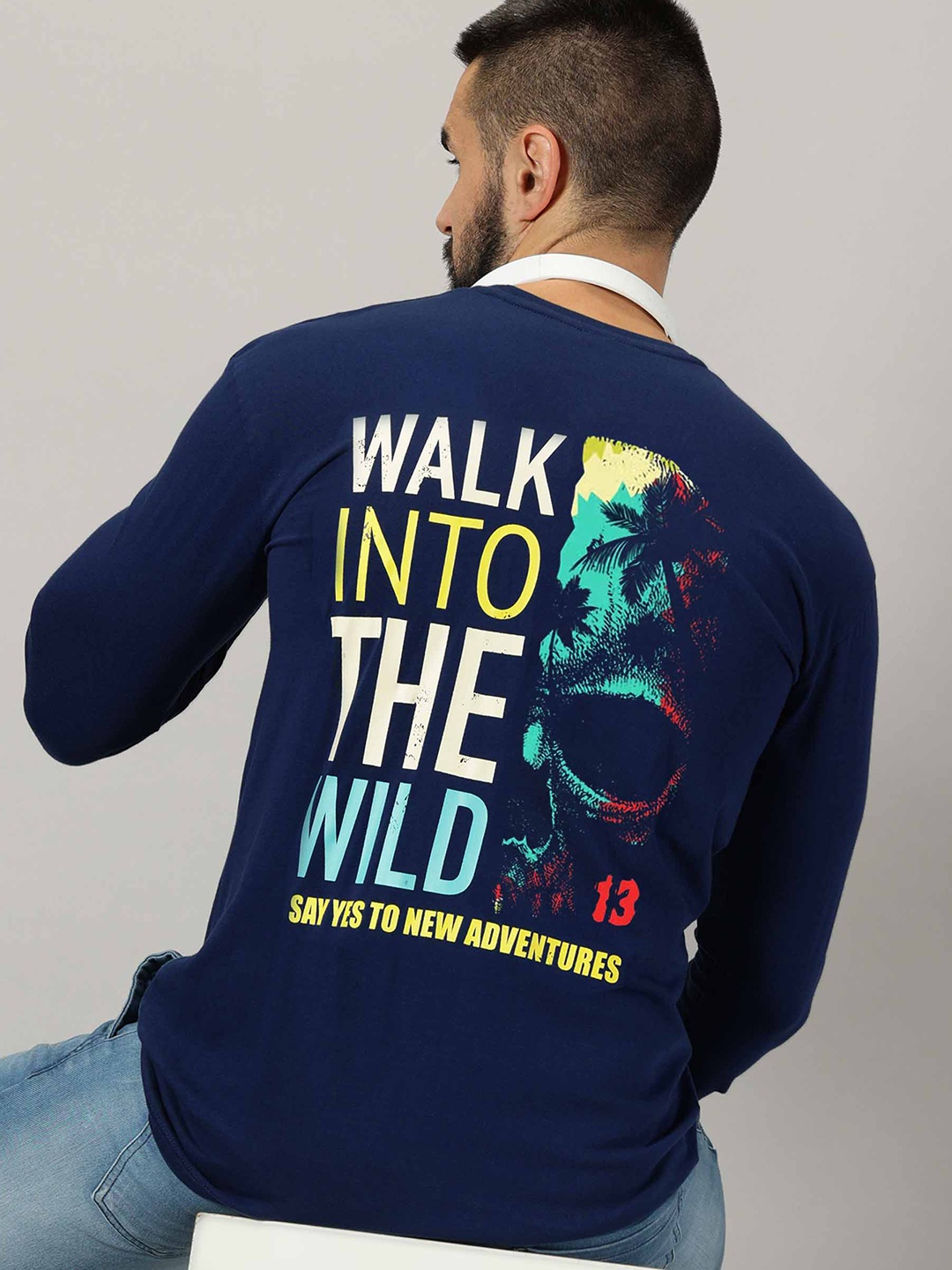 

AUSK Typography Printed Cotton Raw Edge T-shirt, Blue