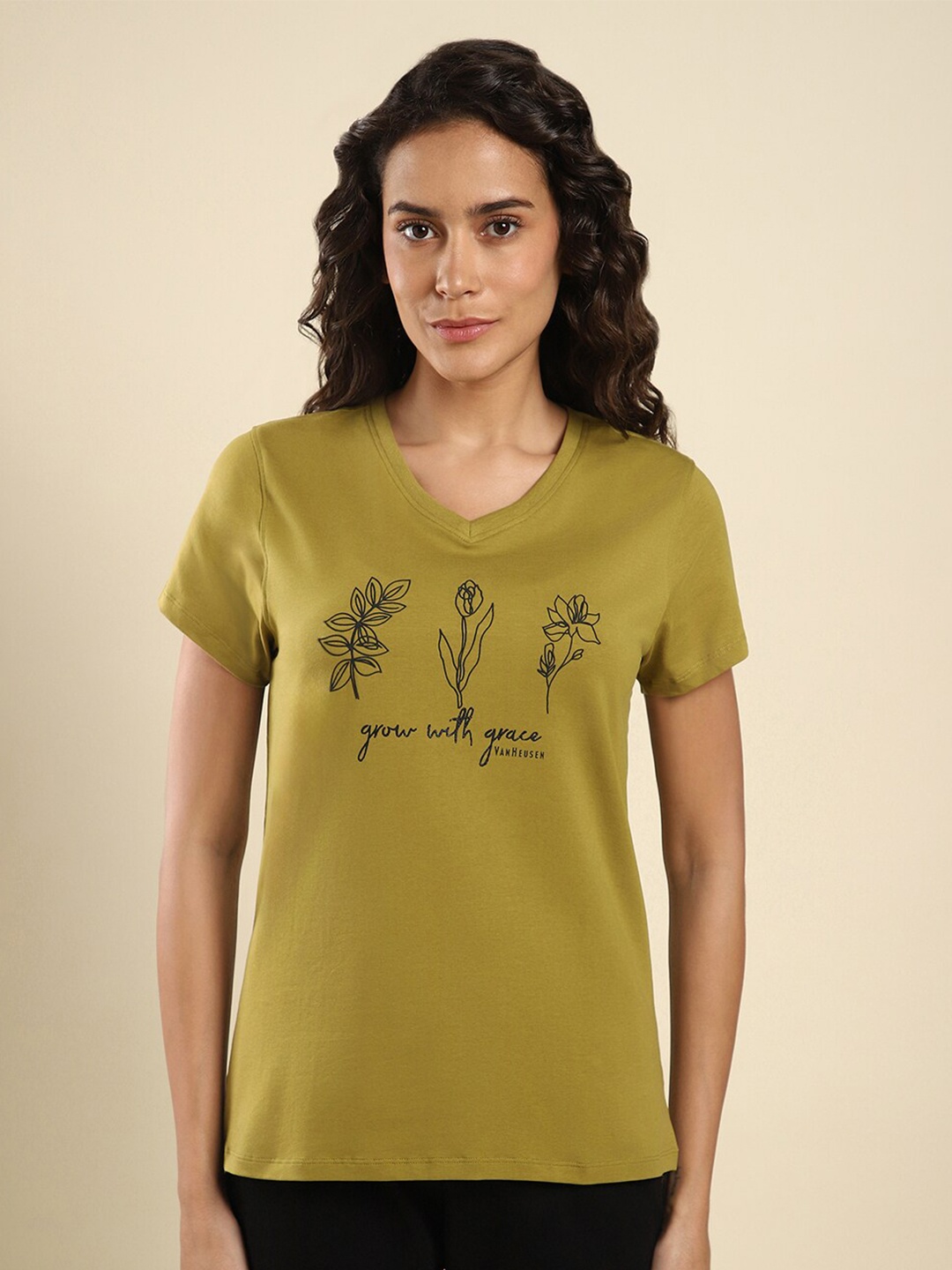 Van Heusen Floral Printed Cotton Relaxed Fit T-shirt, Olive