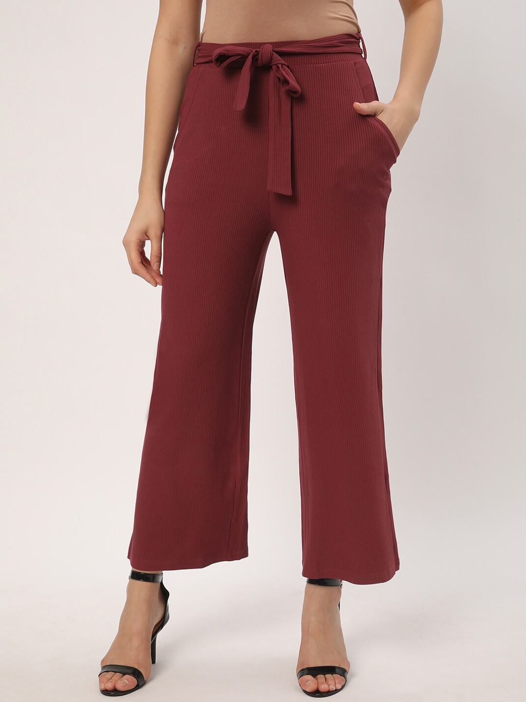 

R&B Women Flared Mid-Rise Trouser with Belt, Maroon