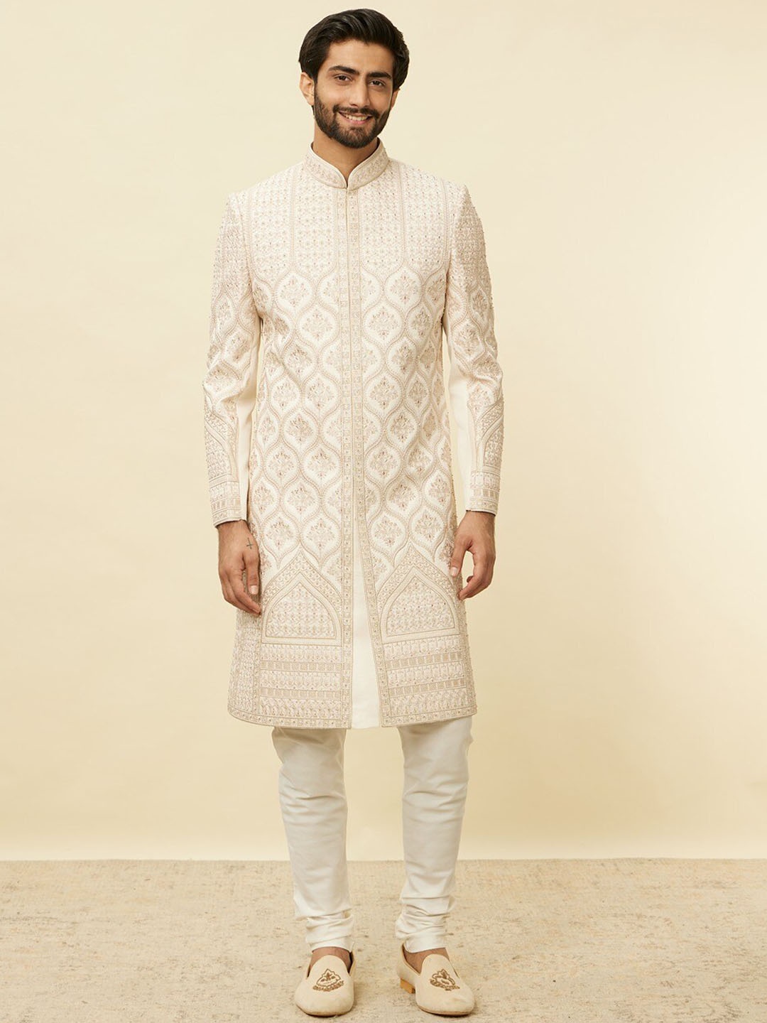 

Manyavar Men Self-Design Raw Silk Sherwani Set, Beige