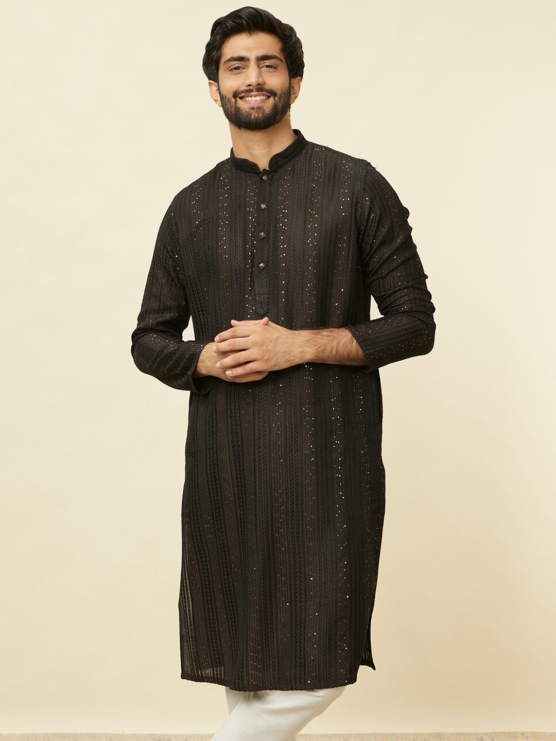 

Manyavar Striped Sequined Regular Straight Kurta with Pyjamas, Black