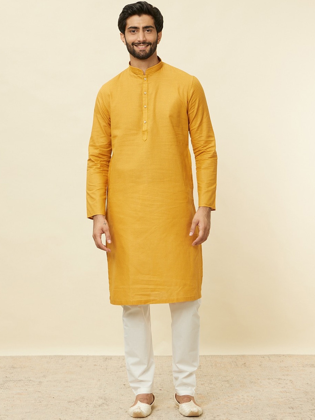 

Manyavar Woven Design Regular Pure Cotton Kurta With Pyjamas, Mustard