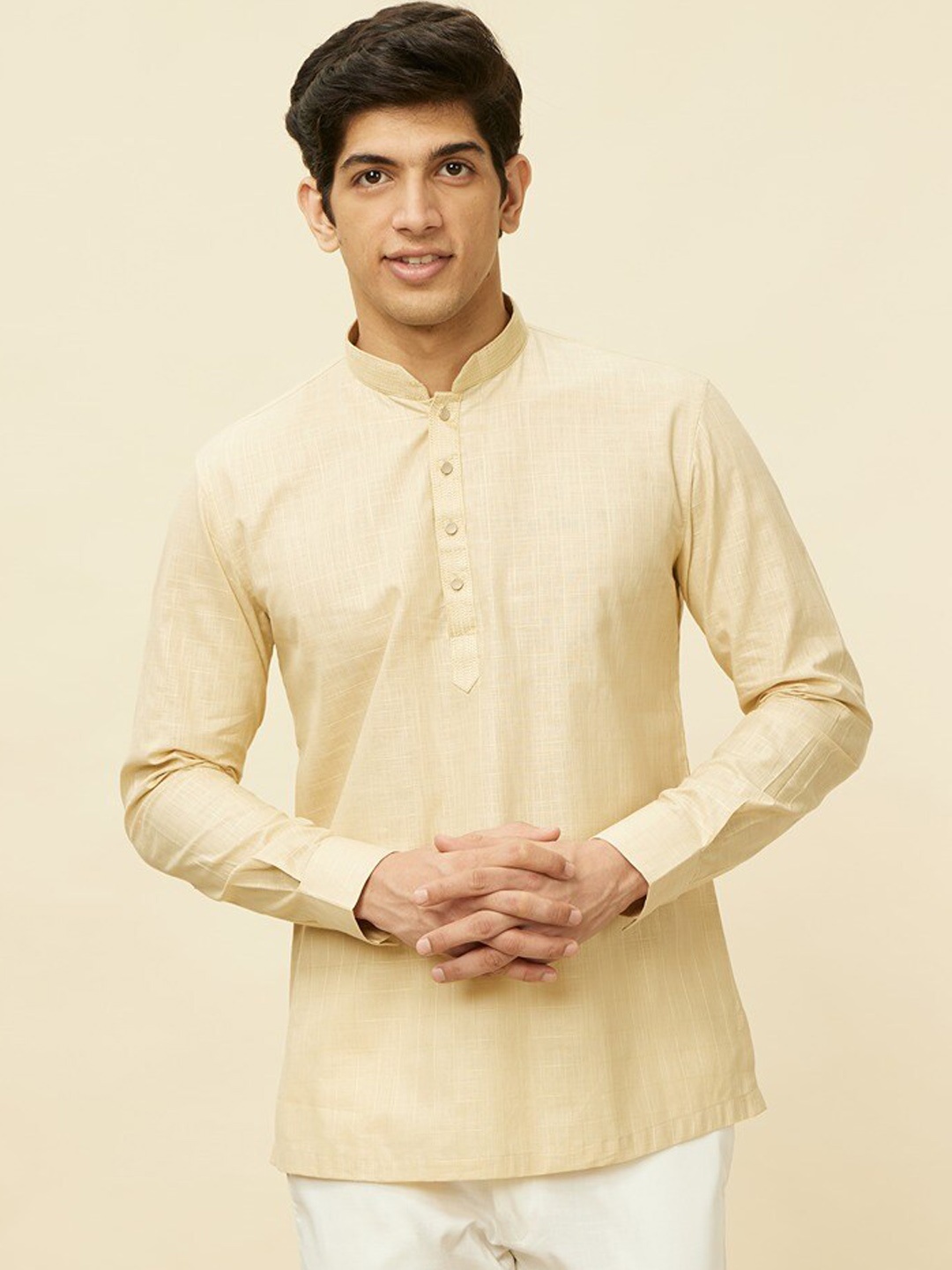 

Manyavar Mandarin Collar Long Sleeves Straight Kurta, Beige