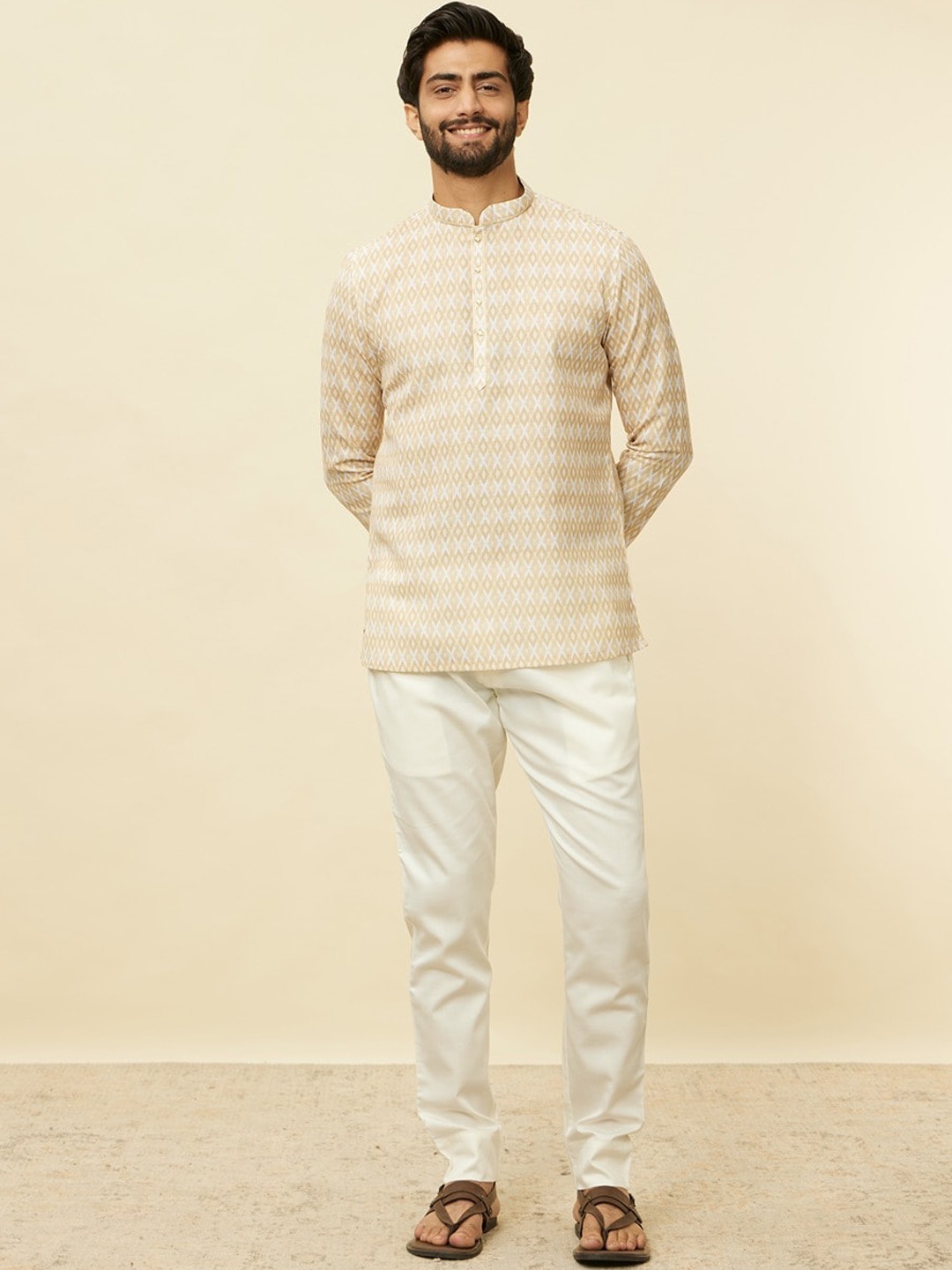 

Manyavar Geometric Printed Mandarin Collar Mirror Work Short Kurta, Beige
