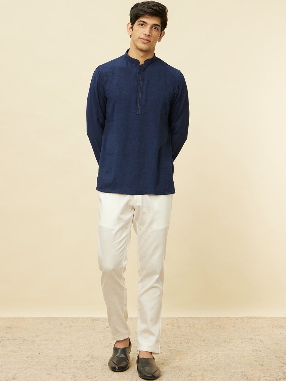 

Manyavar Mandarin Collar Cold-Shoulder Sleeves Thread Work Art Silk Short Kurta, Blue