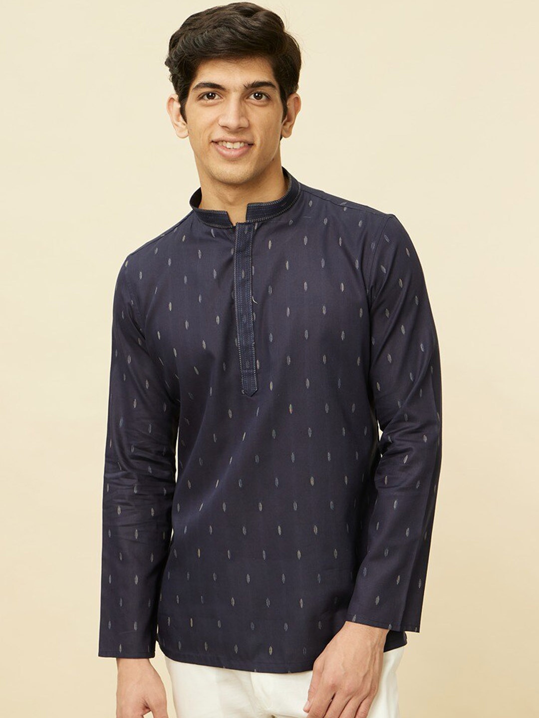 

Manyavar Paisley Striped Mandarin Collar Long Sleeves Thread Work Cotton Short Kurta, Blue