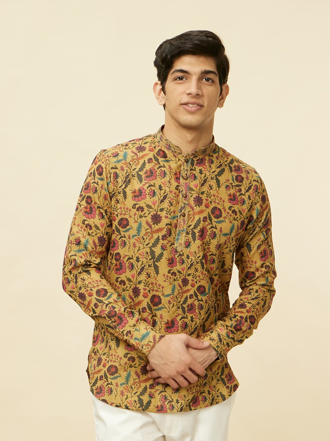 Manyavar Floral Printed Mandarin Collar Long Sleeves Short Straight Kurta, Mustard