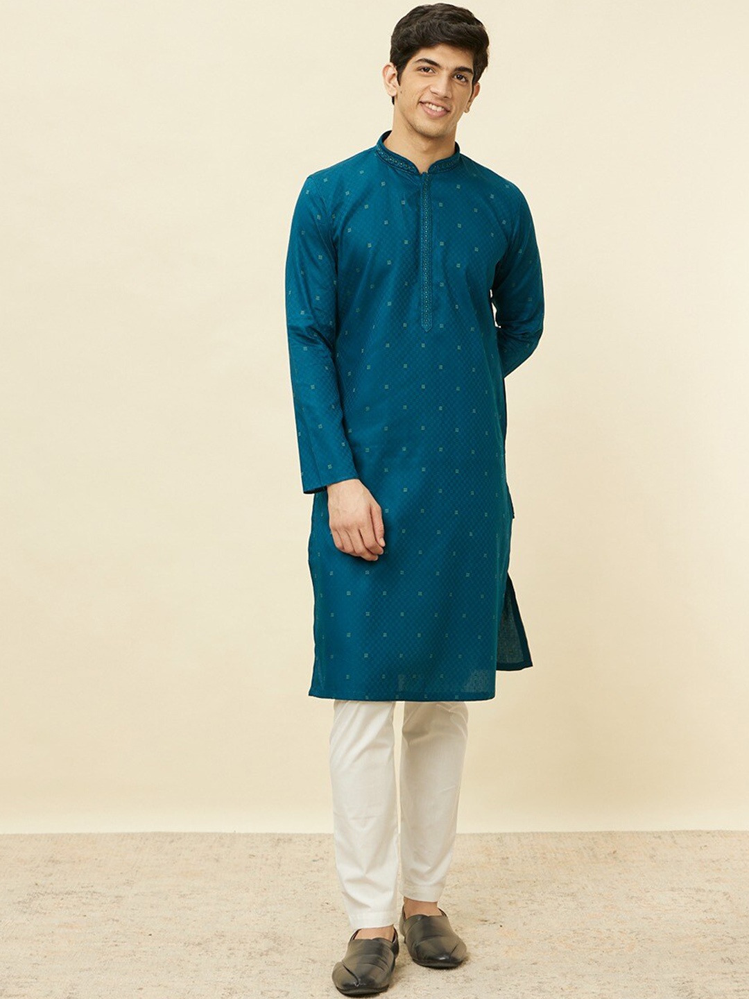 

Manyavar Self Design Regular Pure Cotton Kurta With Pyjamas, Blue