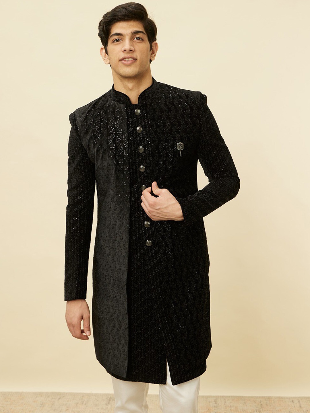 

Manyavar Embroidered Indo Western Sherwani Set, Black