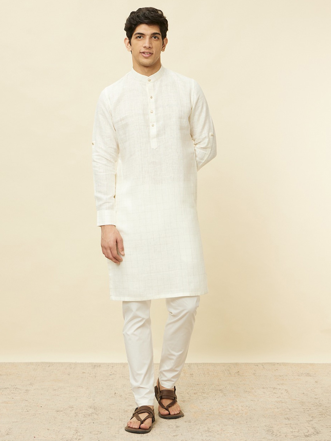 

Manyavar Men Striped Gotta Patti Kurta, Off white