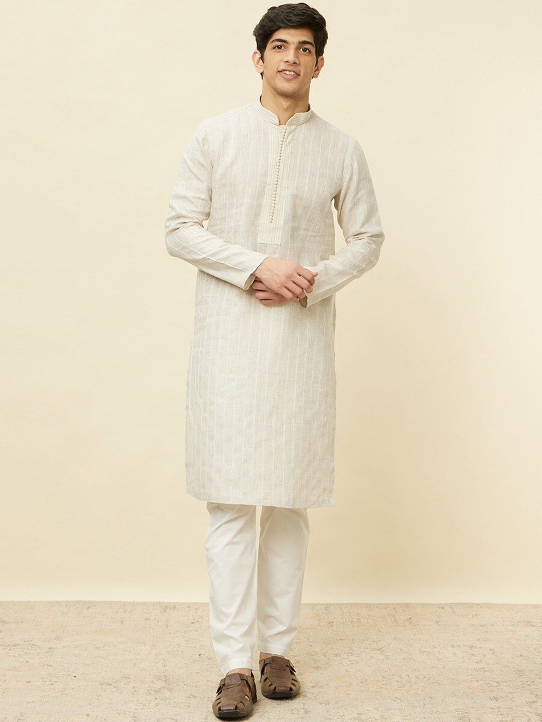 

Manyavar Self Design Regular Art Silk Kurta With Pyjamas, Beige