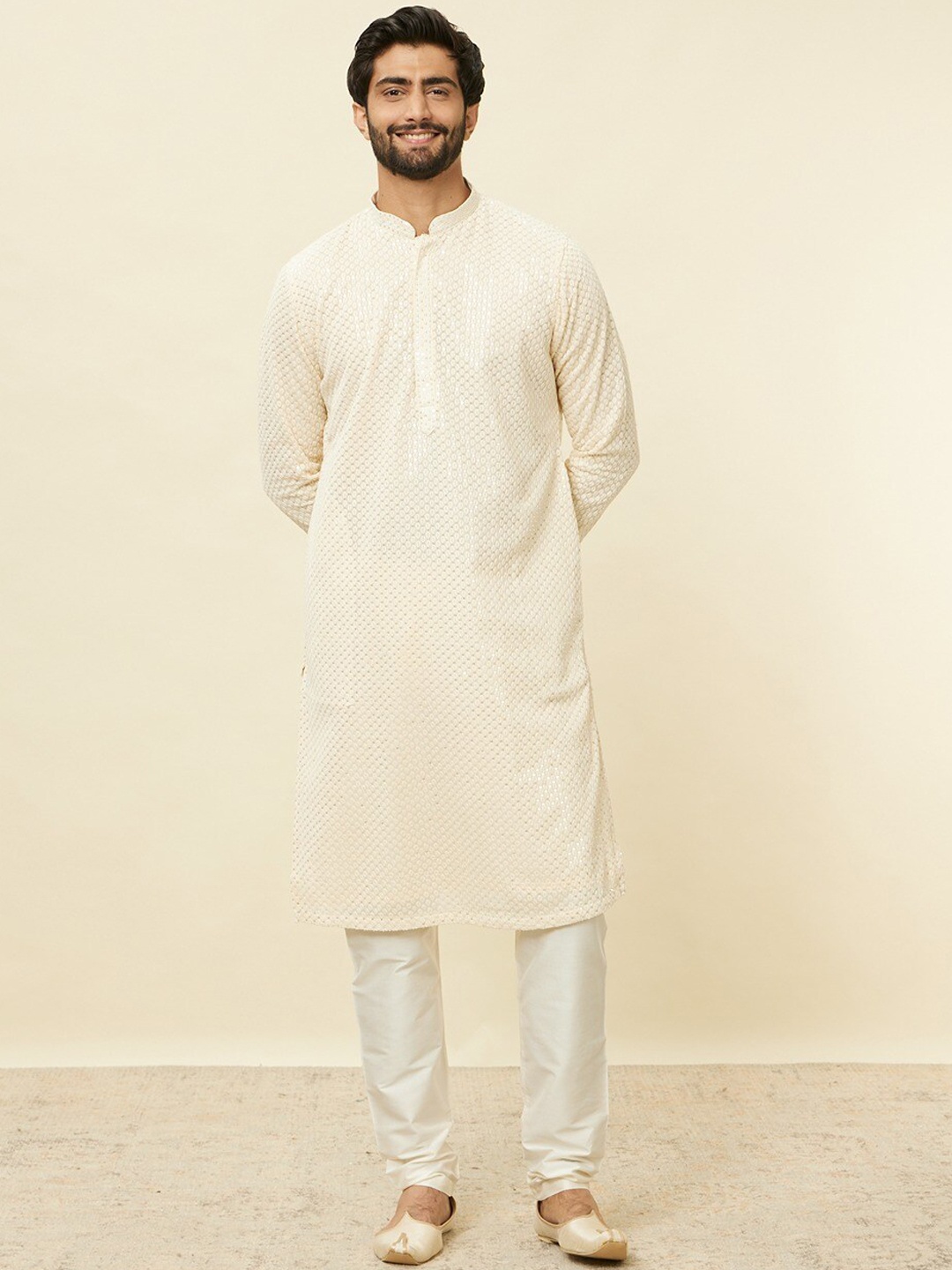

Manyavar Sequin Embroidered Regular Thread Work Kurta With Pyjamas, Cream