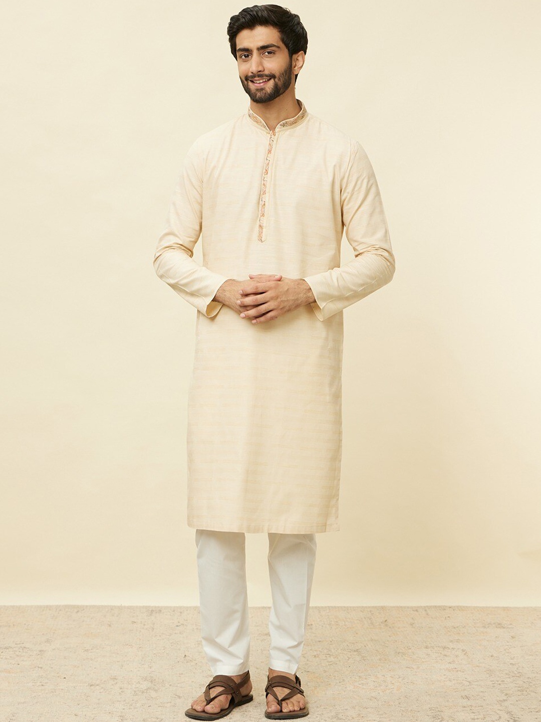 

Manyavar Striped Straight Pure Cotton Kurta With Pyjamas, Beige