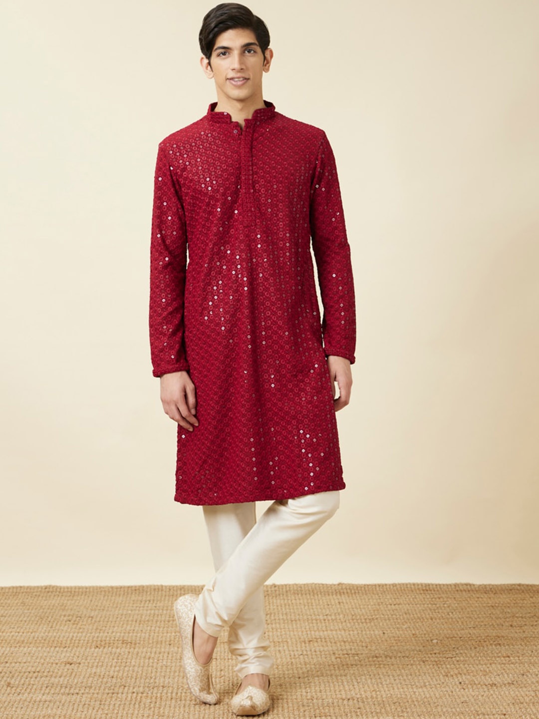 

Manyavar Ethnic Motifs Embroidered Sequins Kurta, Maroon