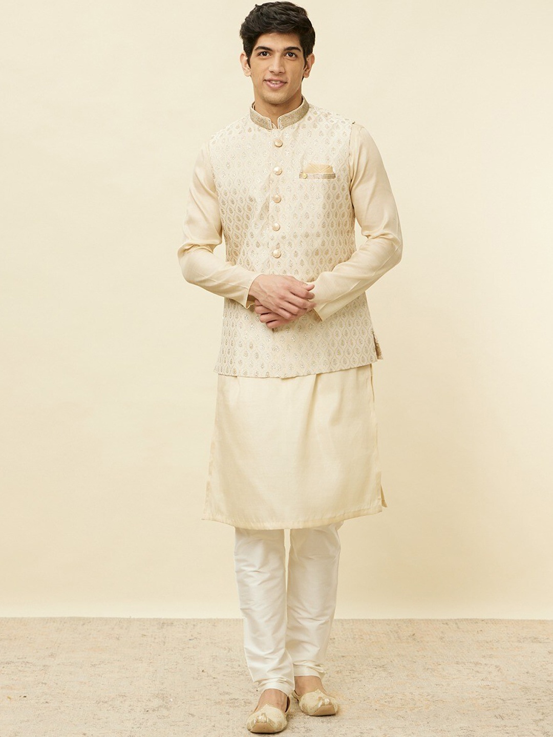 

Manyavar Self-Design Woven Nehru Jackets, Cream