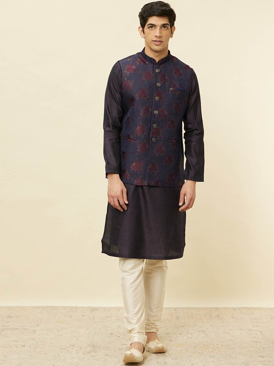 

Manyavar Self-Design Woven Nehru Jackets, Blue