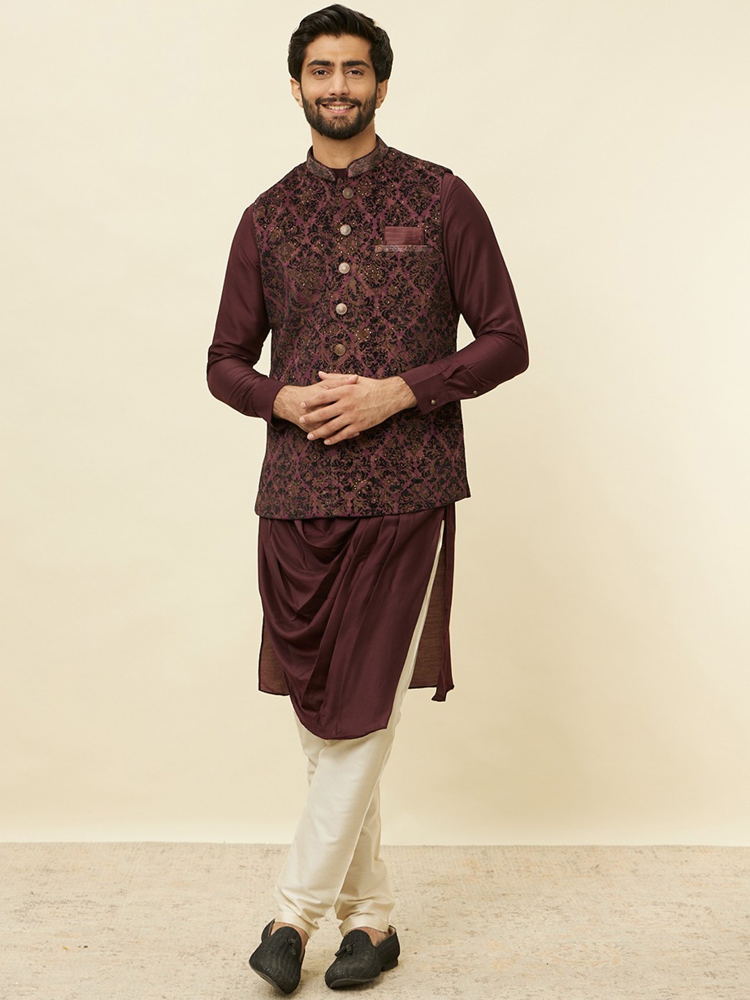 

Manyavar Self Design Woven Nehru Jacket, Purple