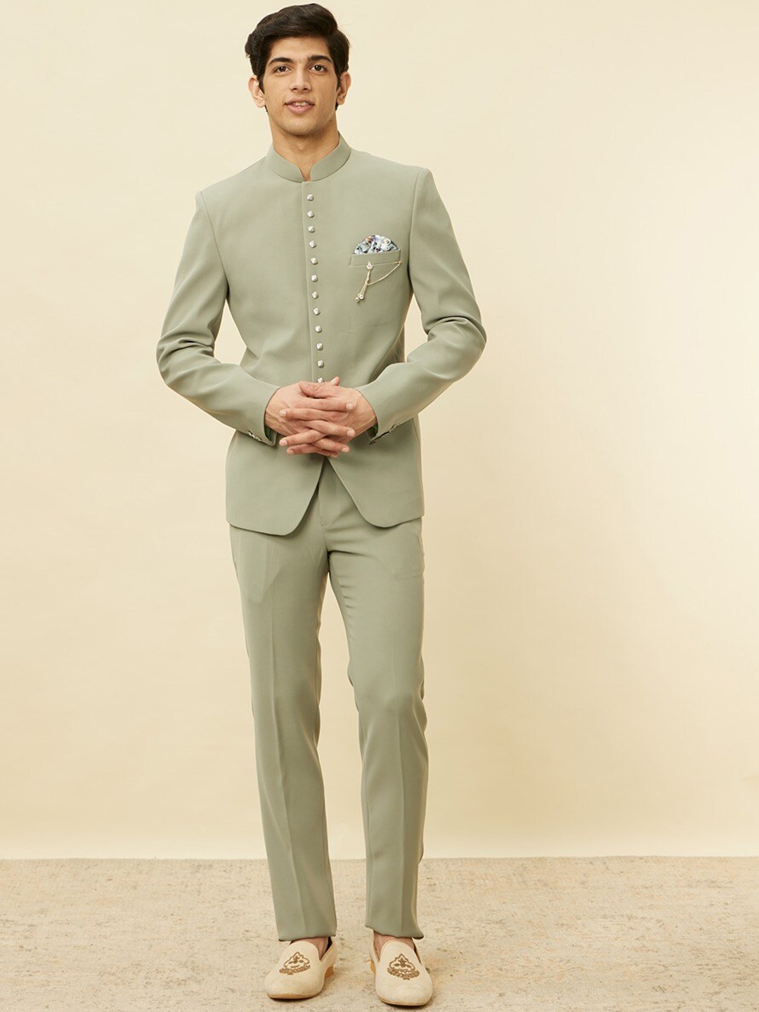 

Manyavar Men Single-Breasted Two-Piece Party Suit, Green