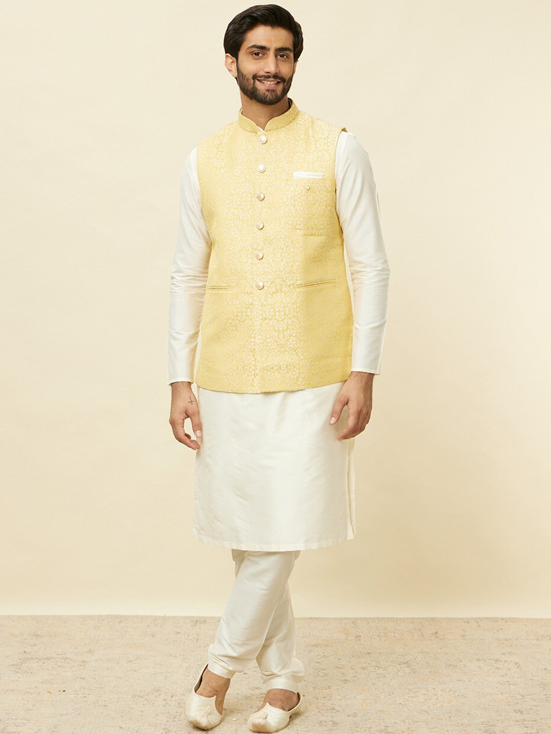 

Manyavar Self-Design Woven Nehru Jackets, Yellow