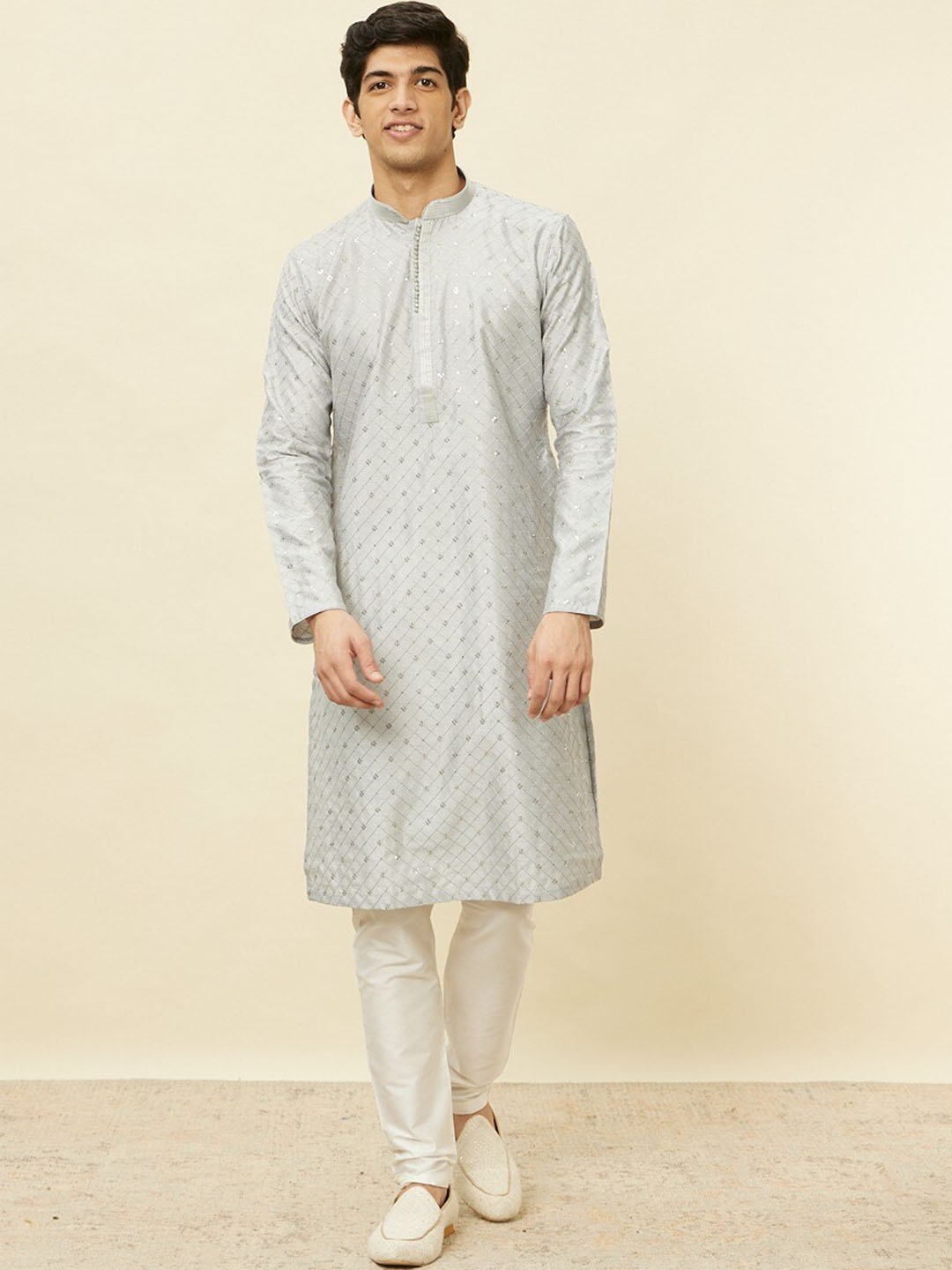 

Manyavar Sequin Embroidered Regular Art Silk Kurta With Pyjamas, Grey