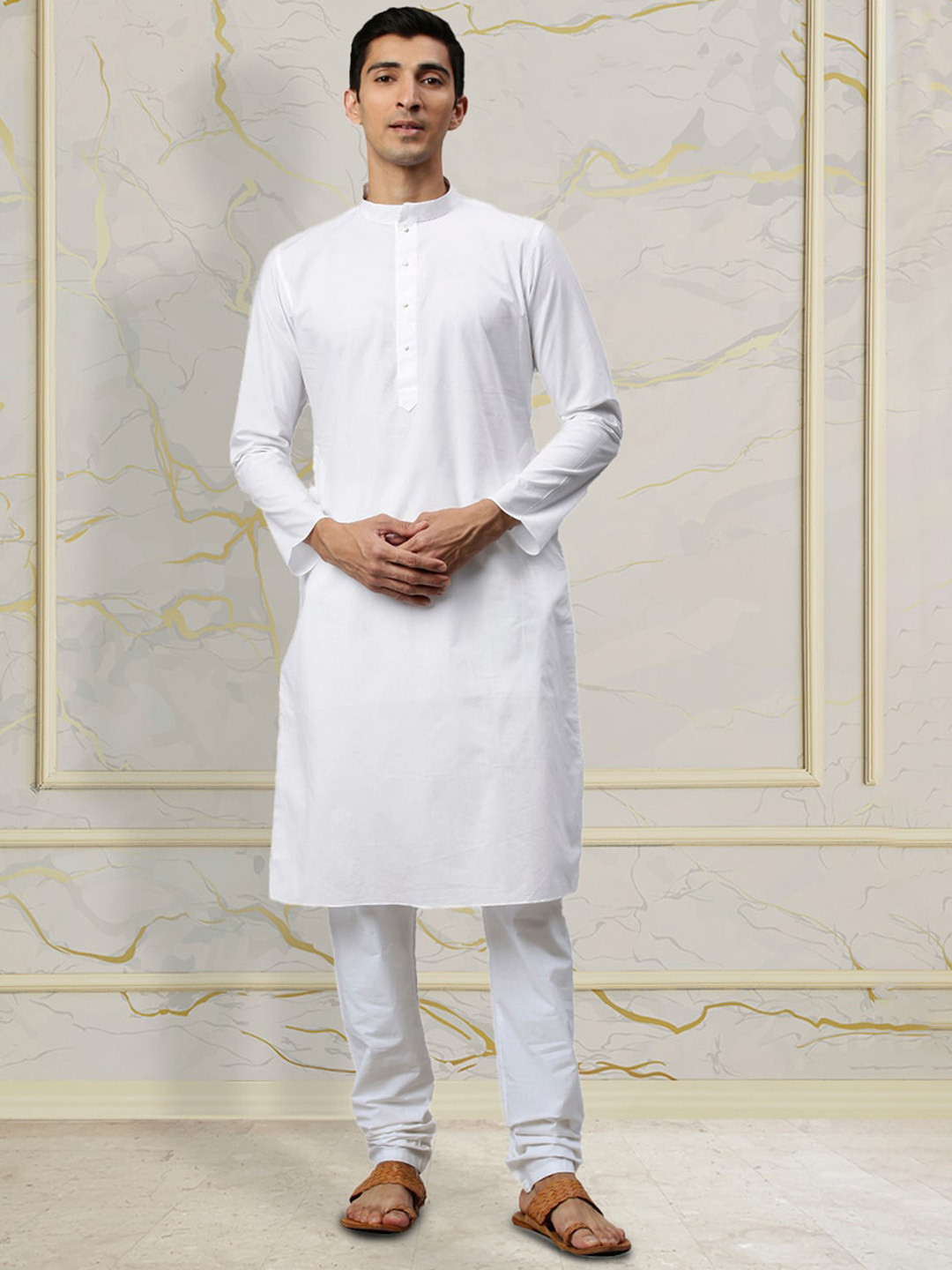 

Manyavar Mandarin Collar Long Sleeves Cotton Kurta, White
